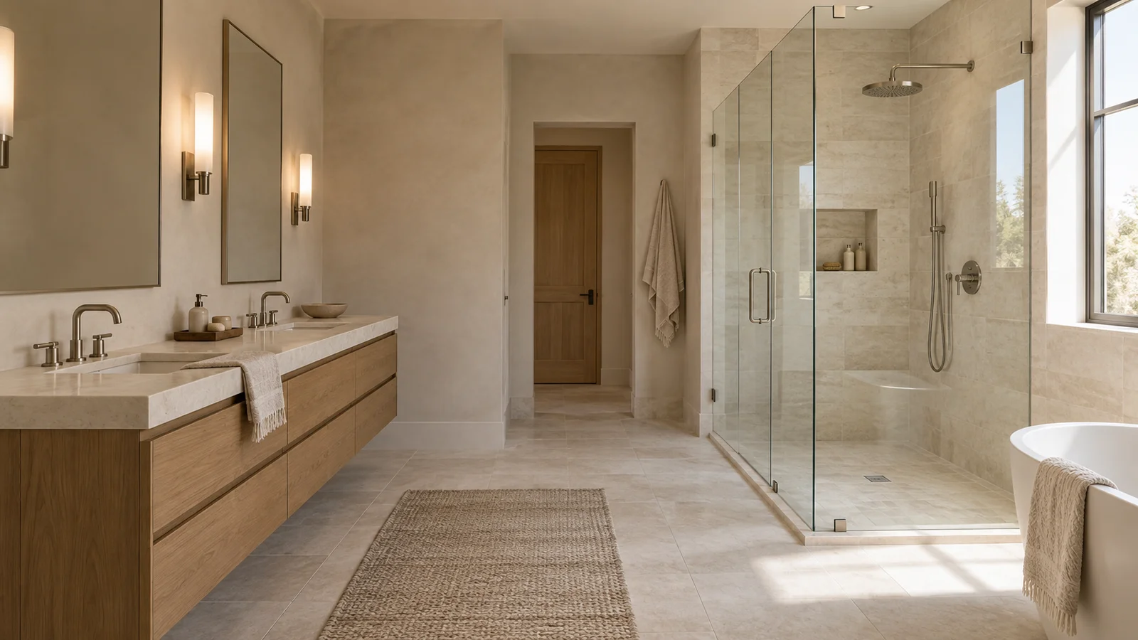 Propuesta de baño en piedra clara y roble con ducha de vidrio y circulación abierta.