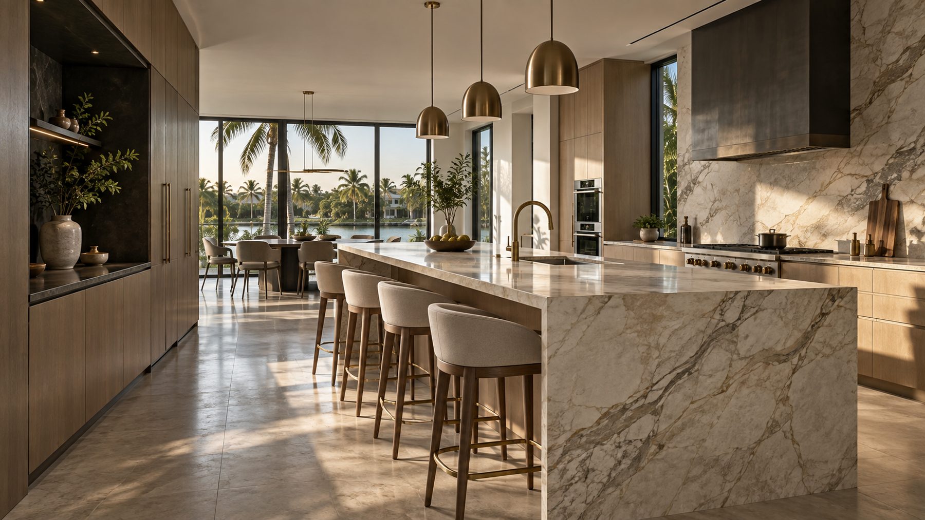 Cocina remodelada con isla de mármol y lámparas de latón
