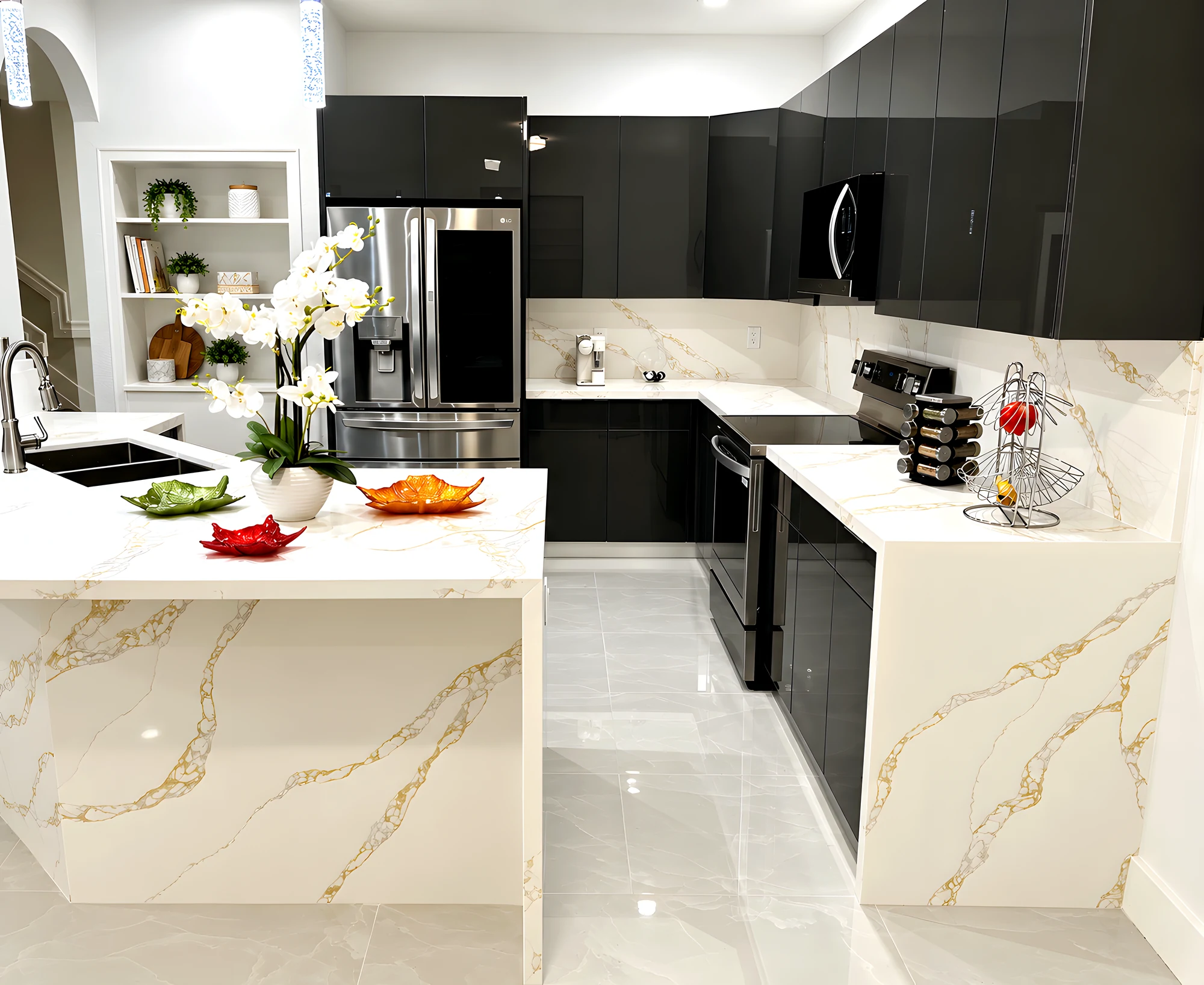 Cocina con gabinetes grafito lacados, península de cuarzo Calacatta oro con caída en cascada y piso porcelánico pulido
