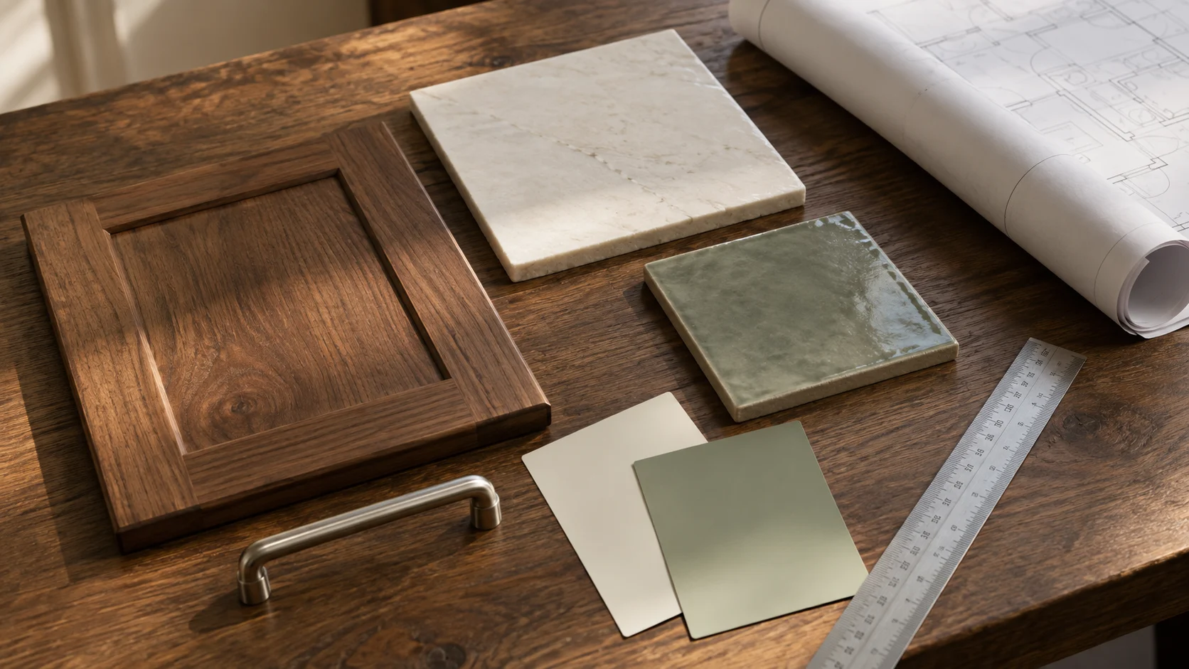 Muestras de madera, cerámica y pintura junto a un plano y una regla para definir materiales.